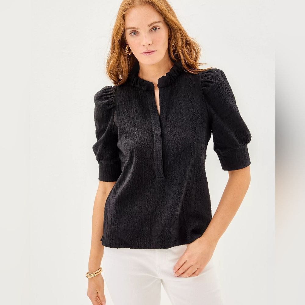 Lilly Pulitzer Elsey Ruffle Top Noir Wavy Knit Jacquard Top Minimalist Romantic